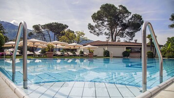 Indoor pool, outdoor pool, open 8:00 AM to 7:00 PM, pool umbrellas