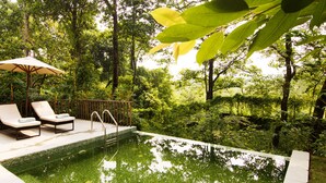 An outdoor swimming pool with lounge chairs and a sun umbrella, surrounded by dense greenery. - Kasara Resort - Chitwan National Park (Bharatpur)