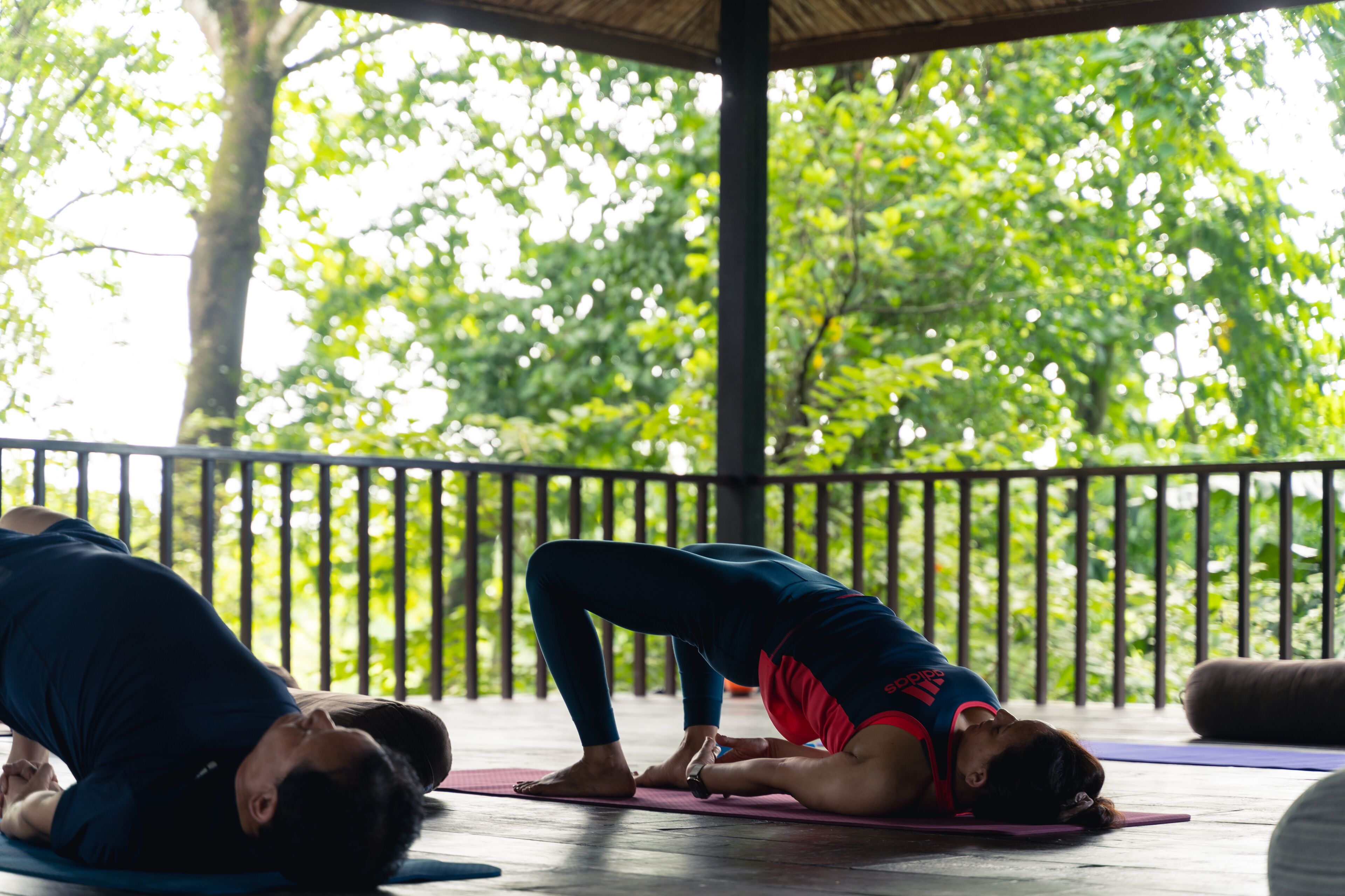 Two people practicing yoga on a mat in an outdoor setting with a wooden deck and greenery in the background.
