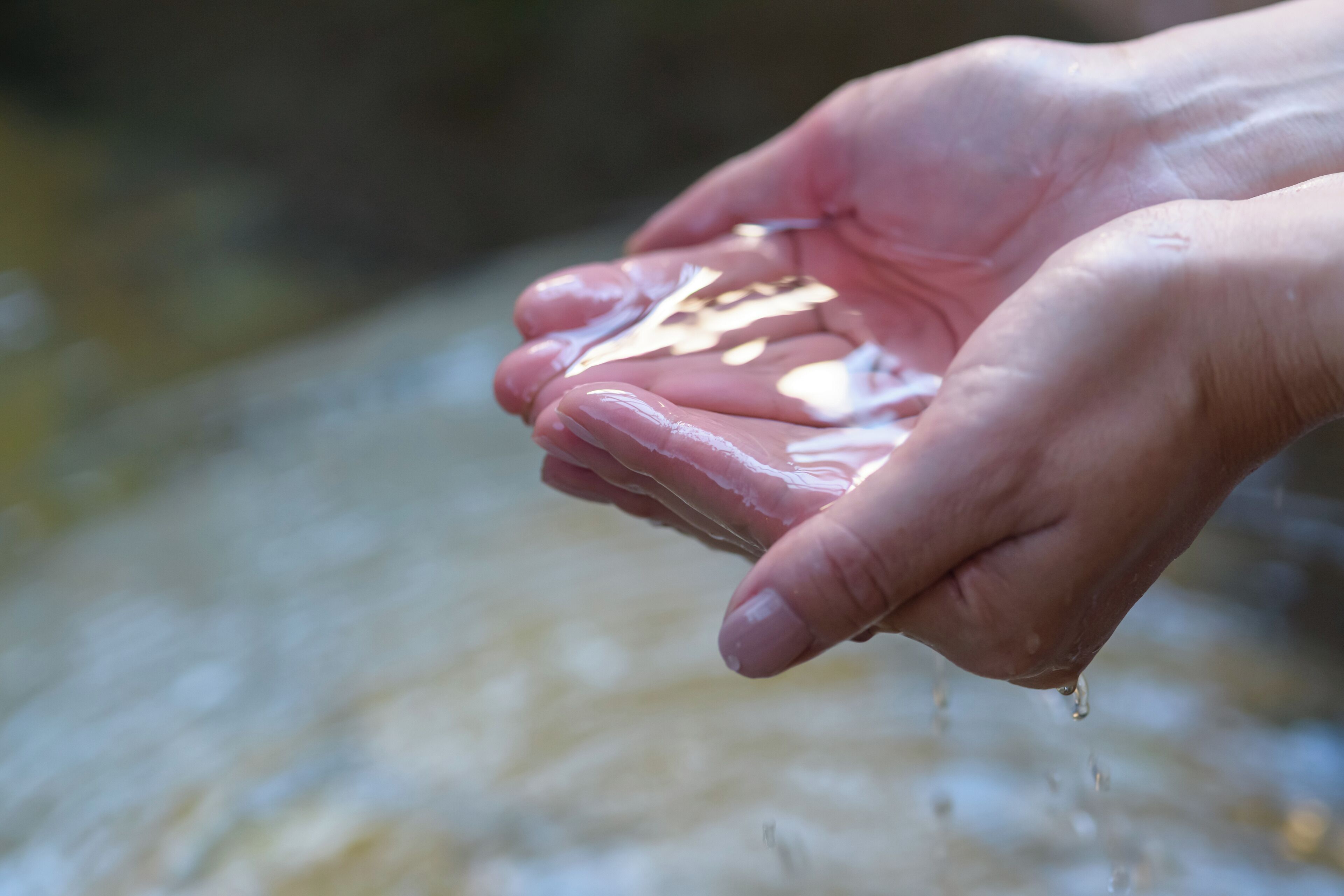 Dettaglio di mani che raccolgono dell'acqua, sullo sfondo sfocato.
