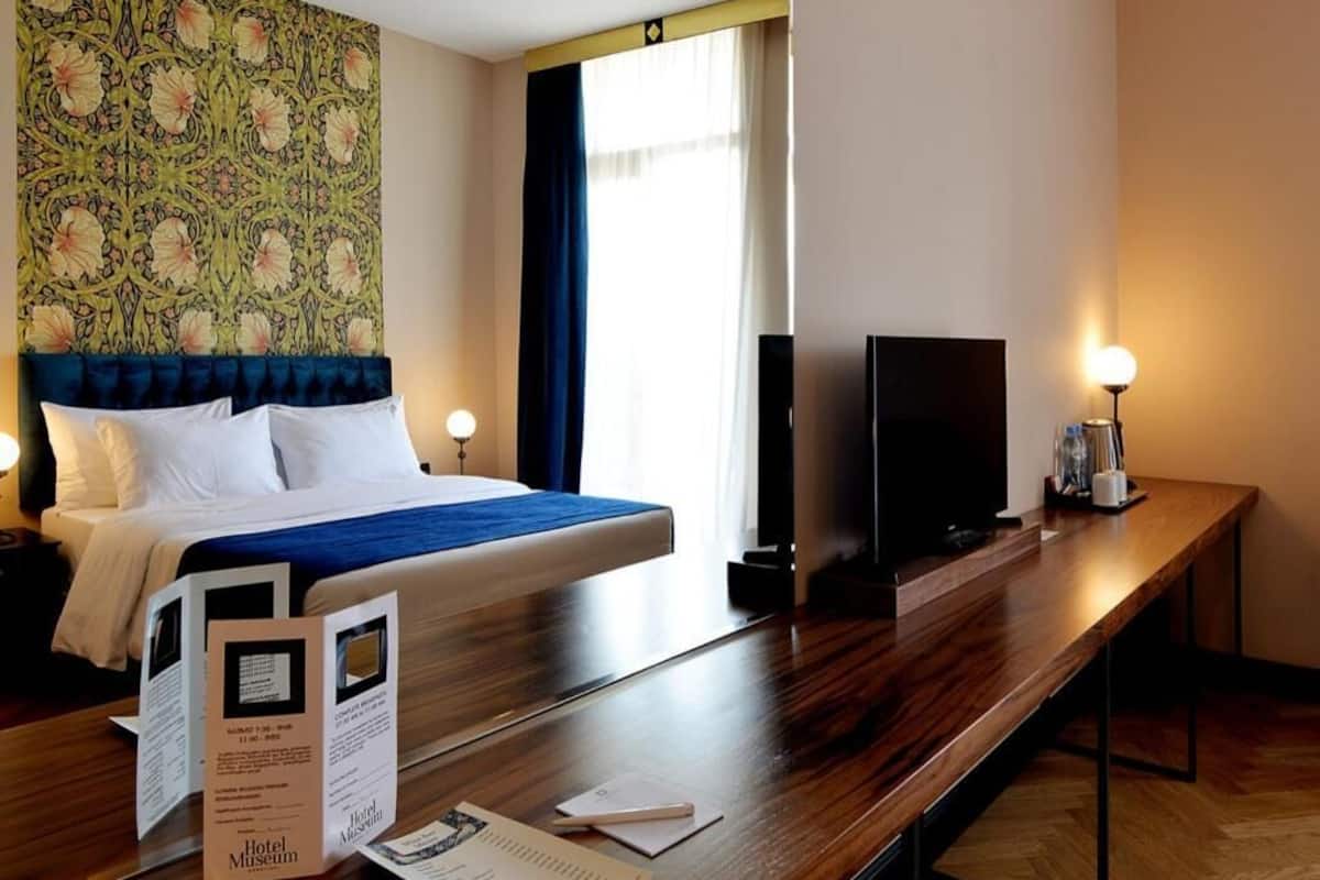 Habitación de hotel con una cama, un televisor de pantalla plana, un escritorio de madera y un tapiz en la pared.