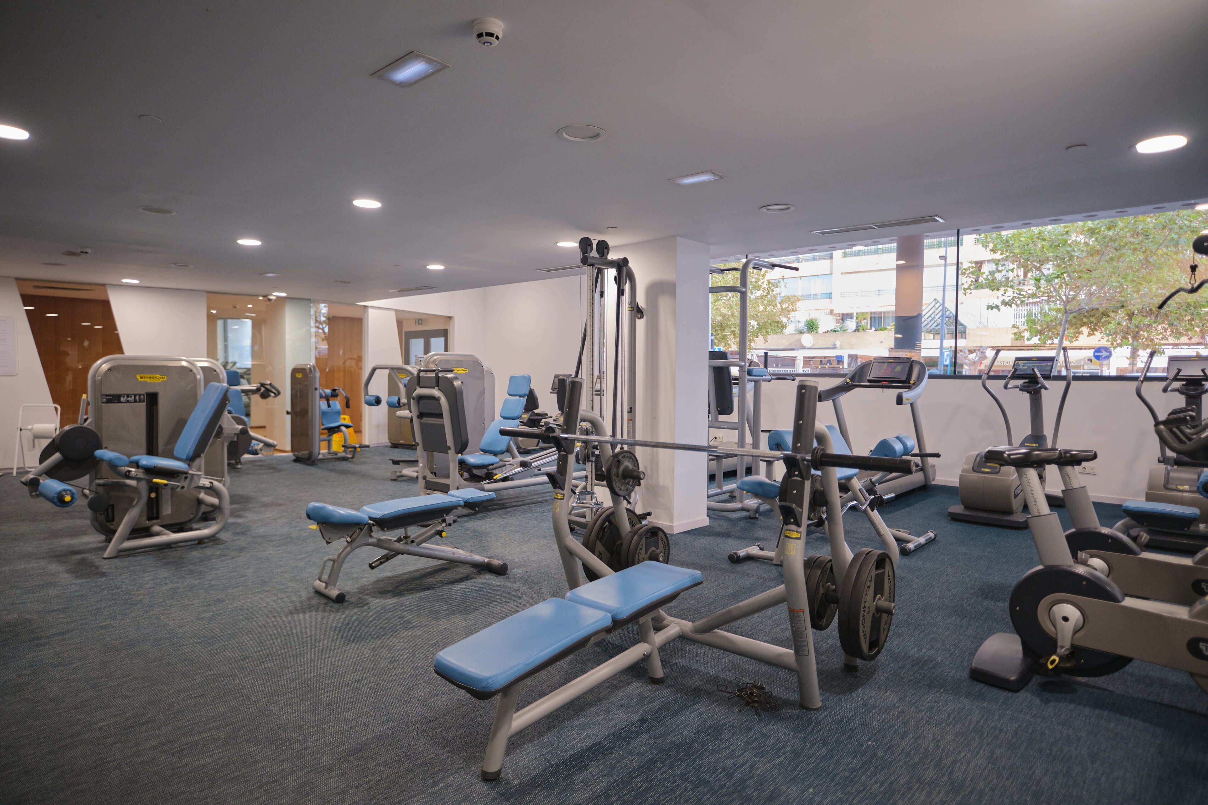 Ein Fitnessstudio mit unterschiedlicher Trainingsausstattung, darunter Laufbänder, Kraftgeräte und Bänke.