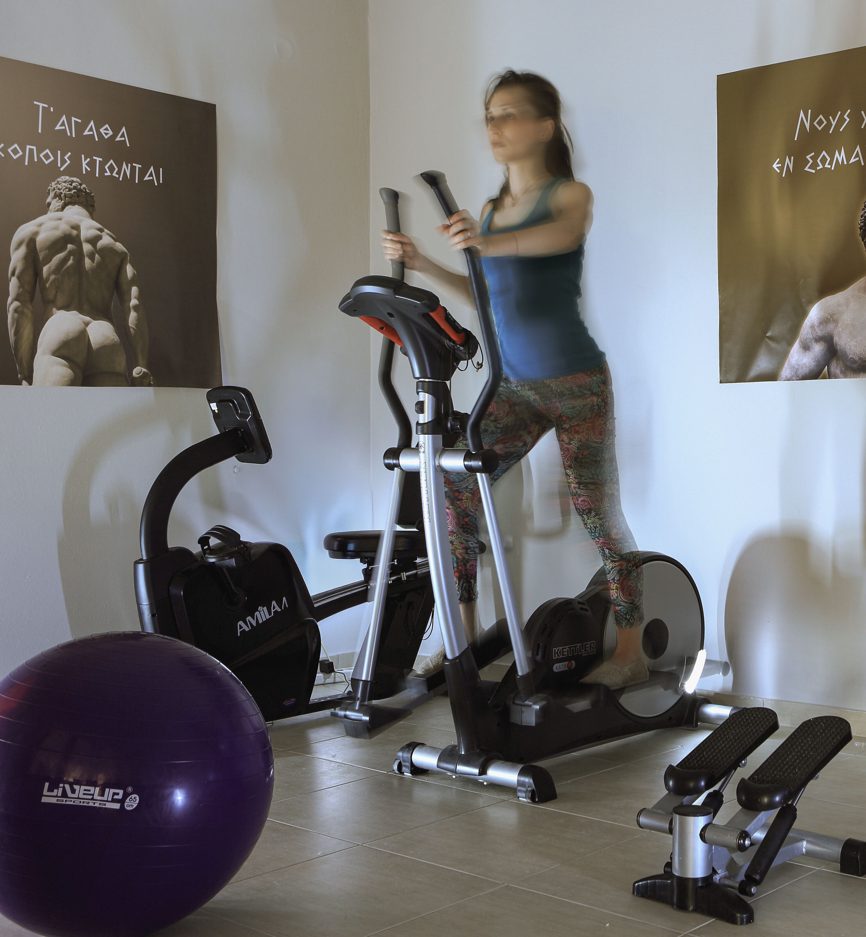 A gym with exercise equipment, a purple exercise ball, and posters on the wall.