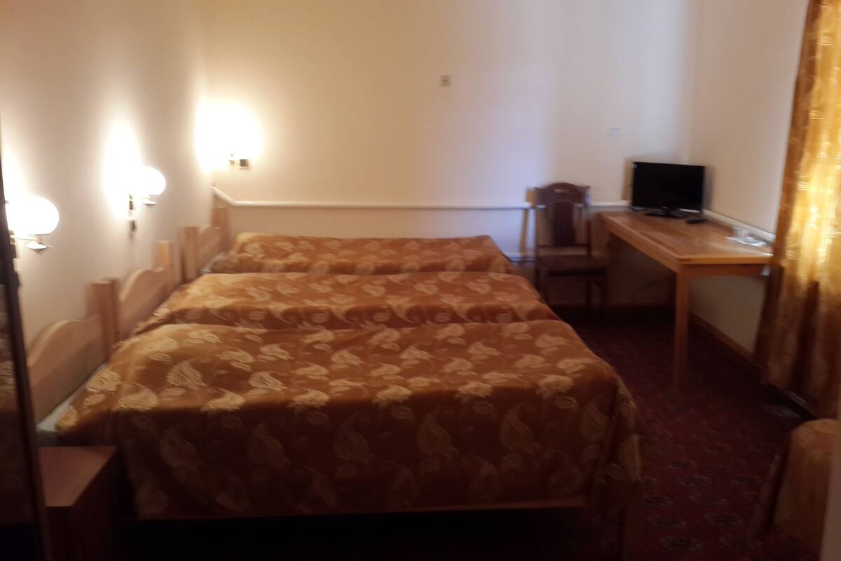 Ein Hotelzimmer mit zwei Betten, einem Schreibtisch, einem Stuhl und einem Fernseher.