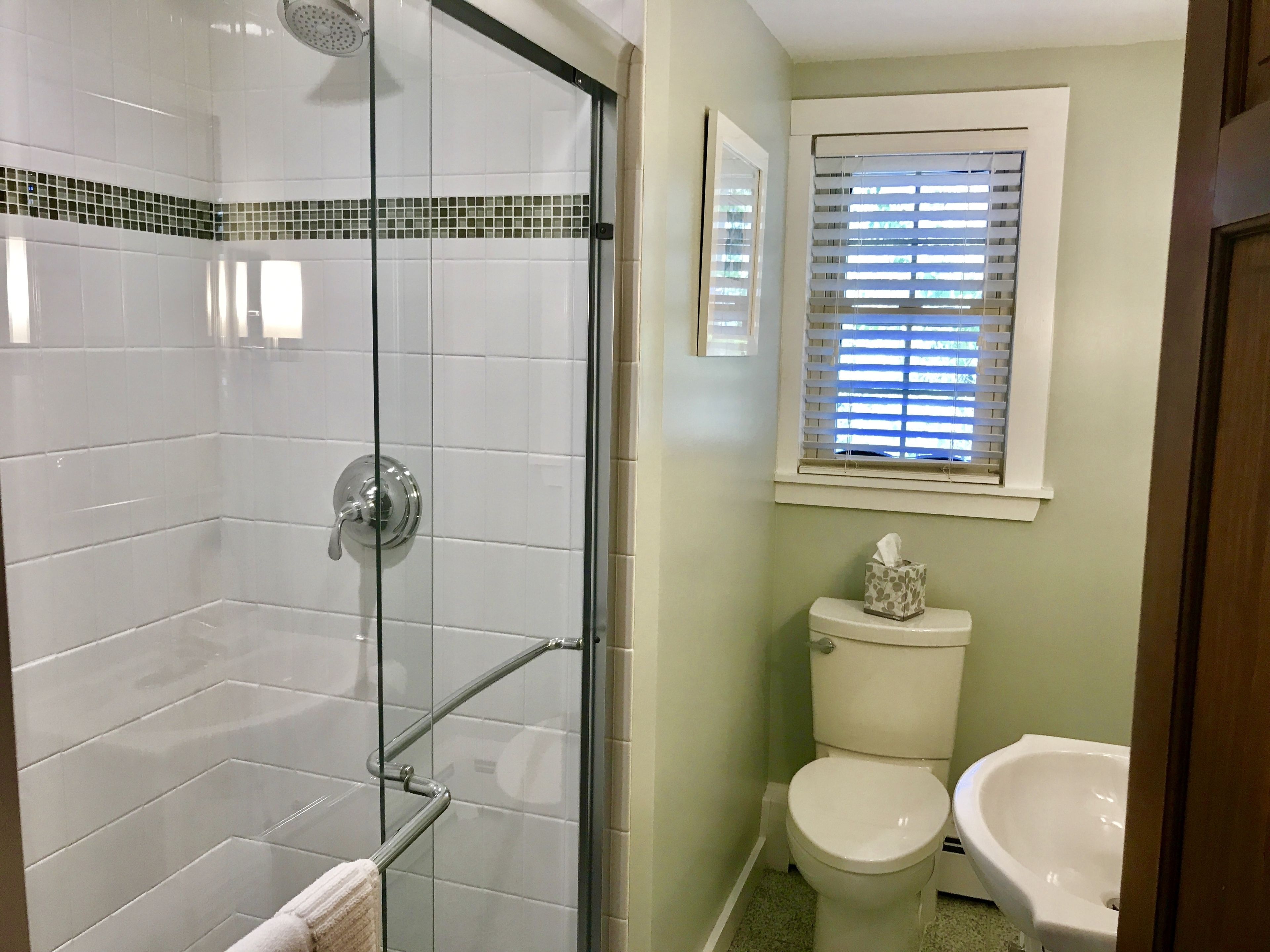A bathroom with a glass shower enclosure, a toilet, and a bidet.