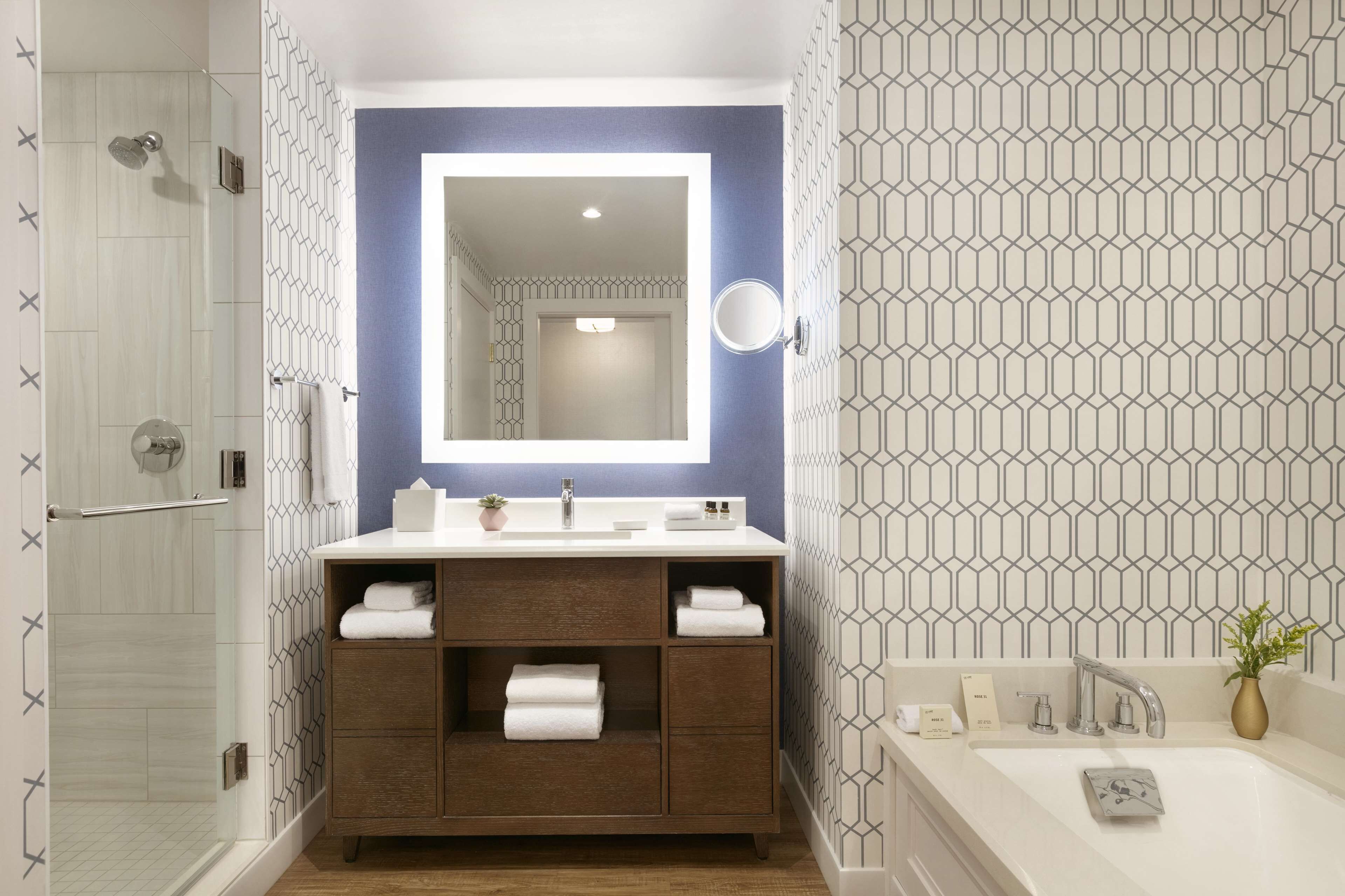 A modern bathroom with a walk-in shower, a vanity with a mirror, and a bathtub.