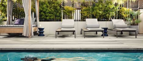 Piscine extérieure, parasols, chaises longues