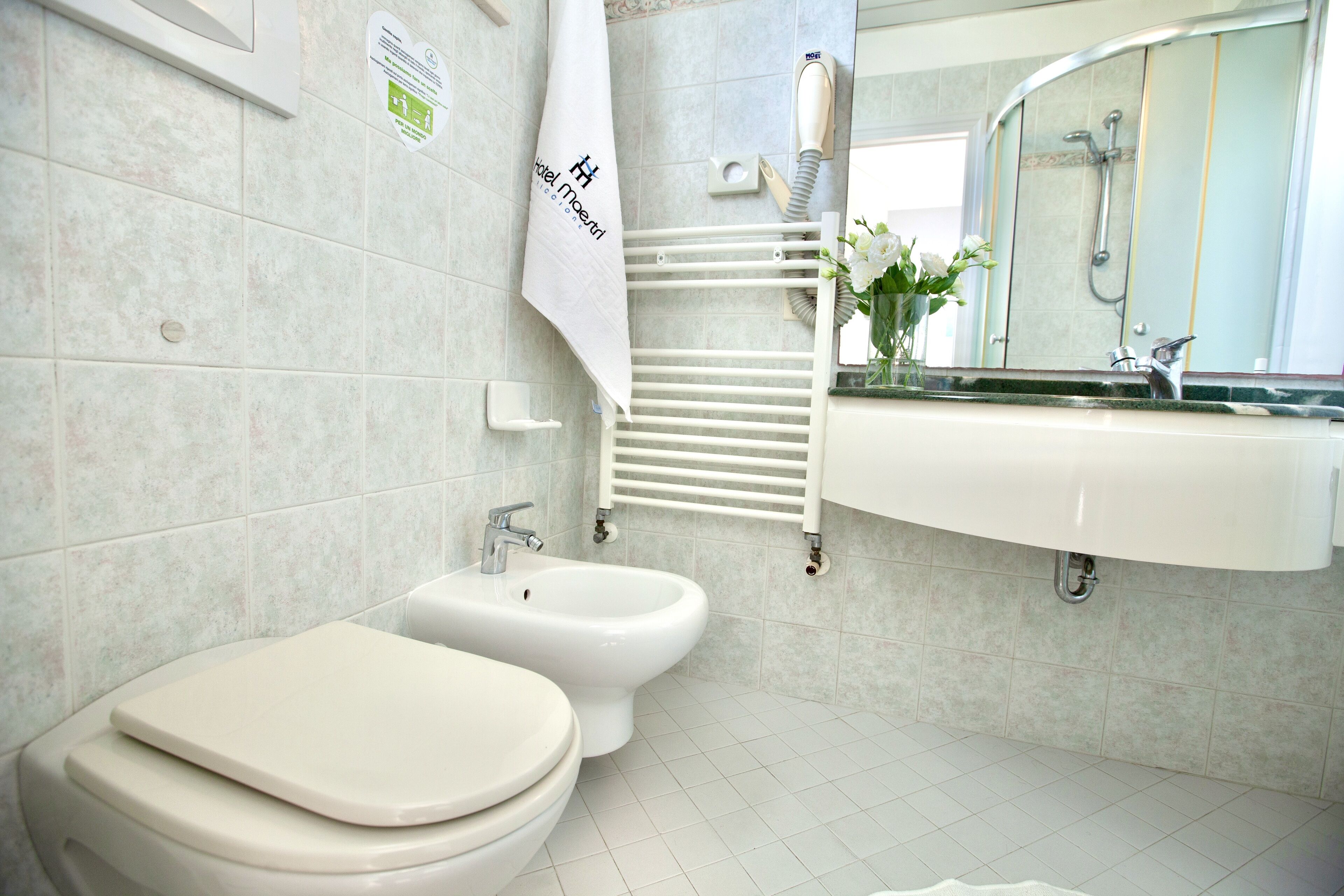 shower, hair dryer, bidet, towels