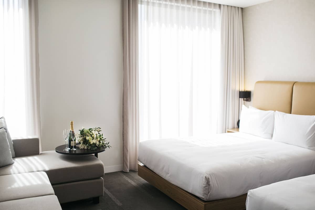 hypo-allergenic bedding, in-room safe, desk, blackout curtains