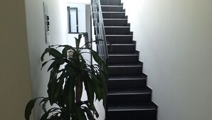 Una escalera con una planta en maceta al pie.