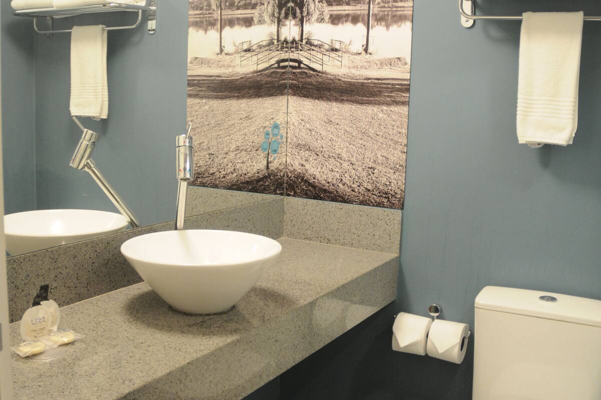 standard double room | bathroom | shower, hair dryer, towels