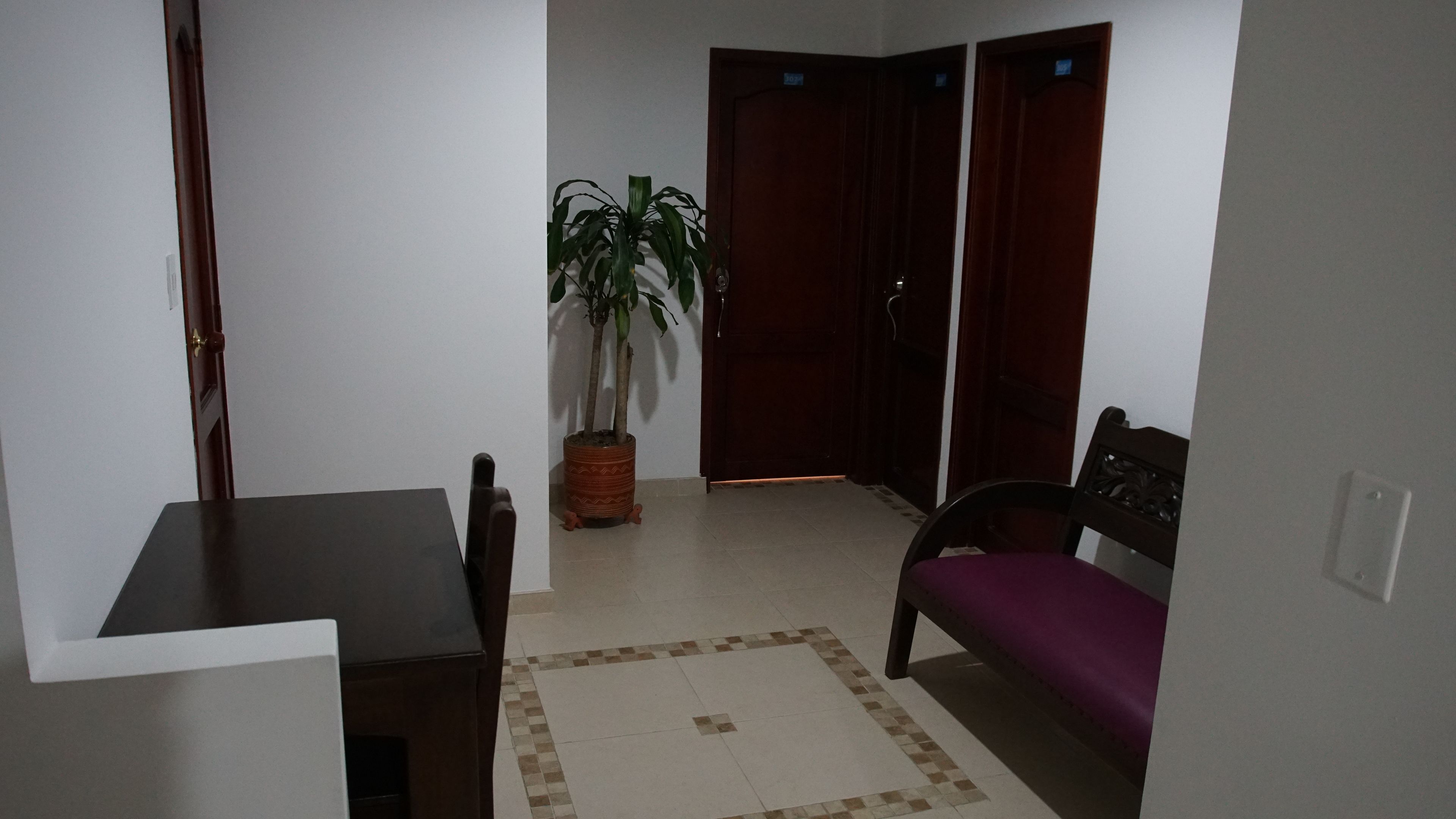Una habitación con una mesa de comedor, un sofá morado, una planta en maceta y una puerta con manija.