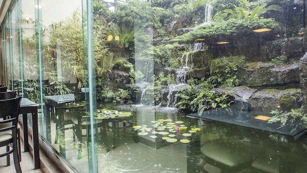 Ein überdachter Innenhofgarten mit Teich, Wasserfällen und üppiger Bepflanzung.