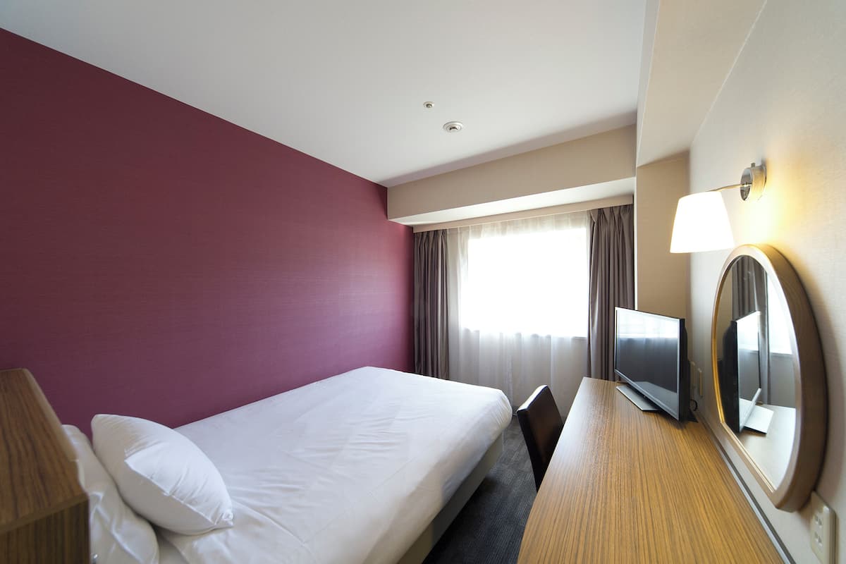 A hotel room with a bed, a desk, a television, and a mirror.