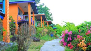 A row of colorful buildings with a pathway leading through a garden.