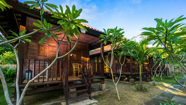 A wooden house with a porch, surrounded by tropical plants.