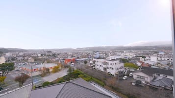A residential area with houses, a road, and a distant mountain range.