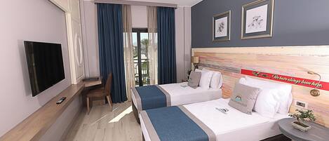 Habitación de hotel con dos camas, televisión, escritorio y balcón con cortinas.