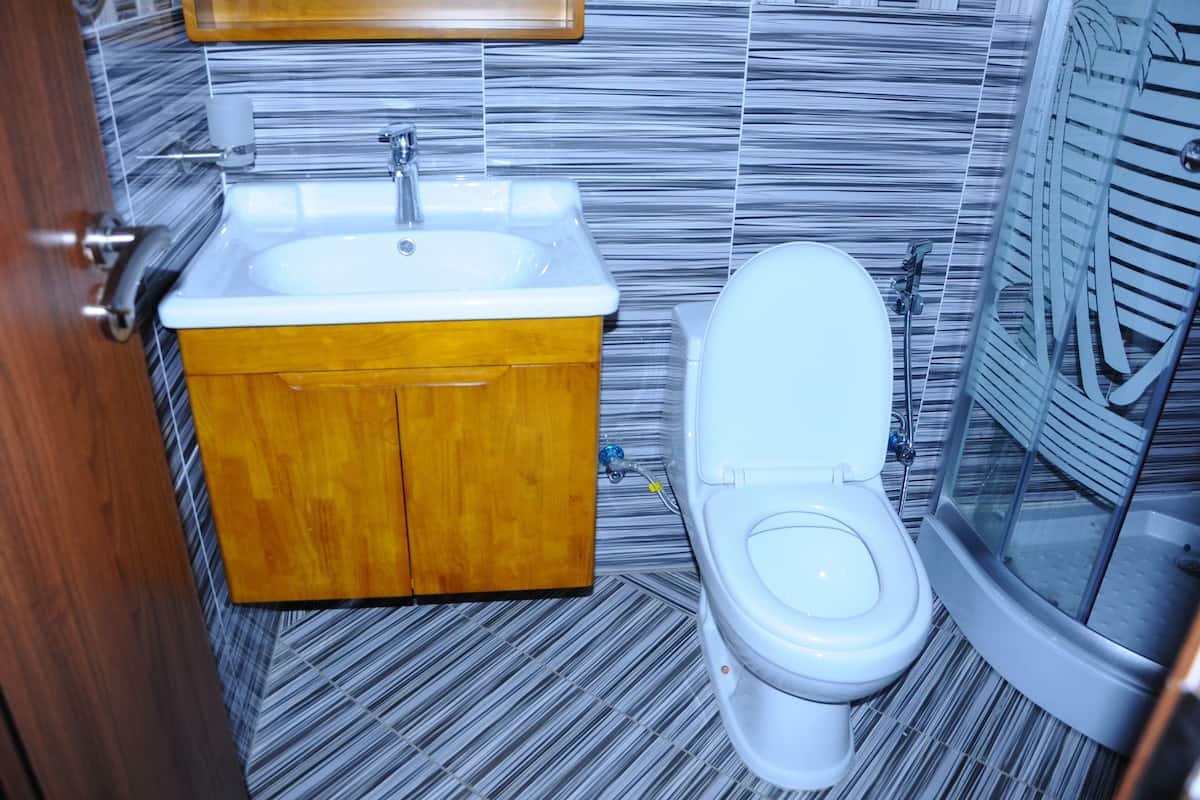 shower, hair dryer, bathrobes, slippers