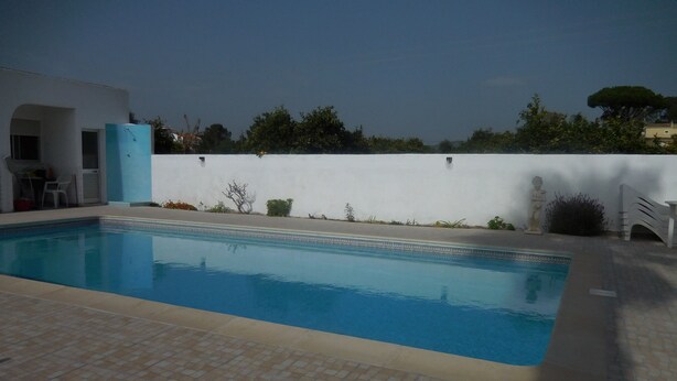 A rectangular swimming pool with a tiled deck, surrounded by a white wall and some greenery. - Apartamentos Quinta Girassol (Loulé)