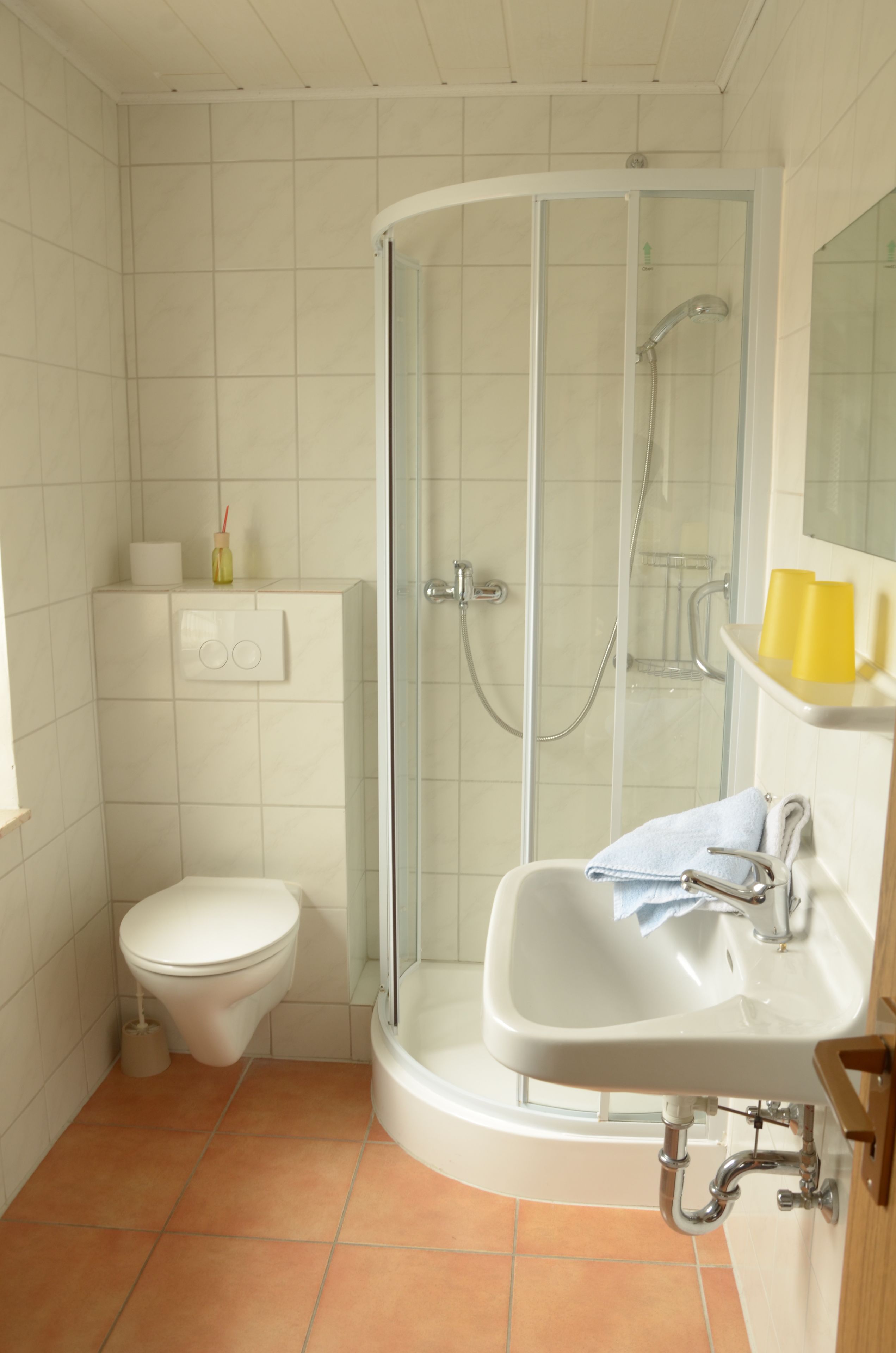 Un baño con inodoro, ducha y lavabo.