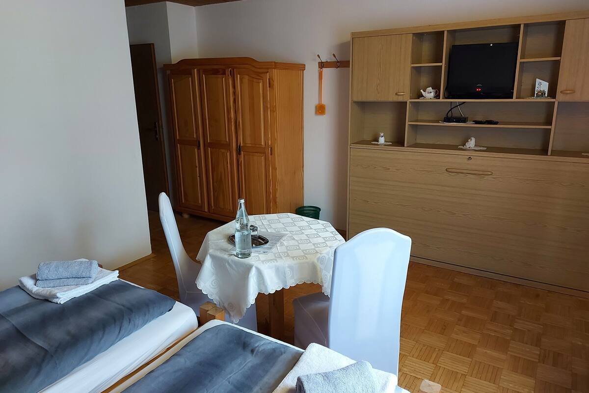 Een kamer met twee bedden, een houten garderobe, een klein tafeltje met een fles en een televisie op een houten kast.