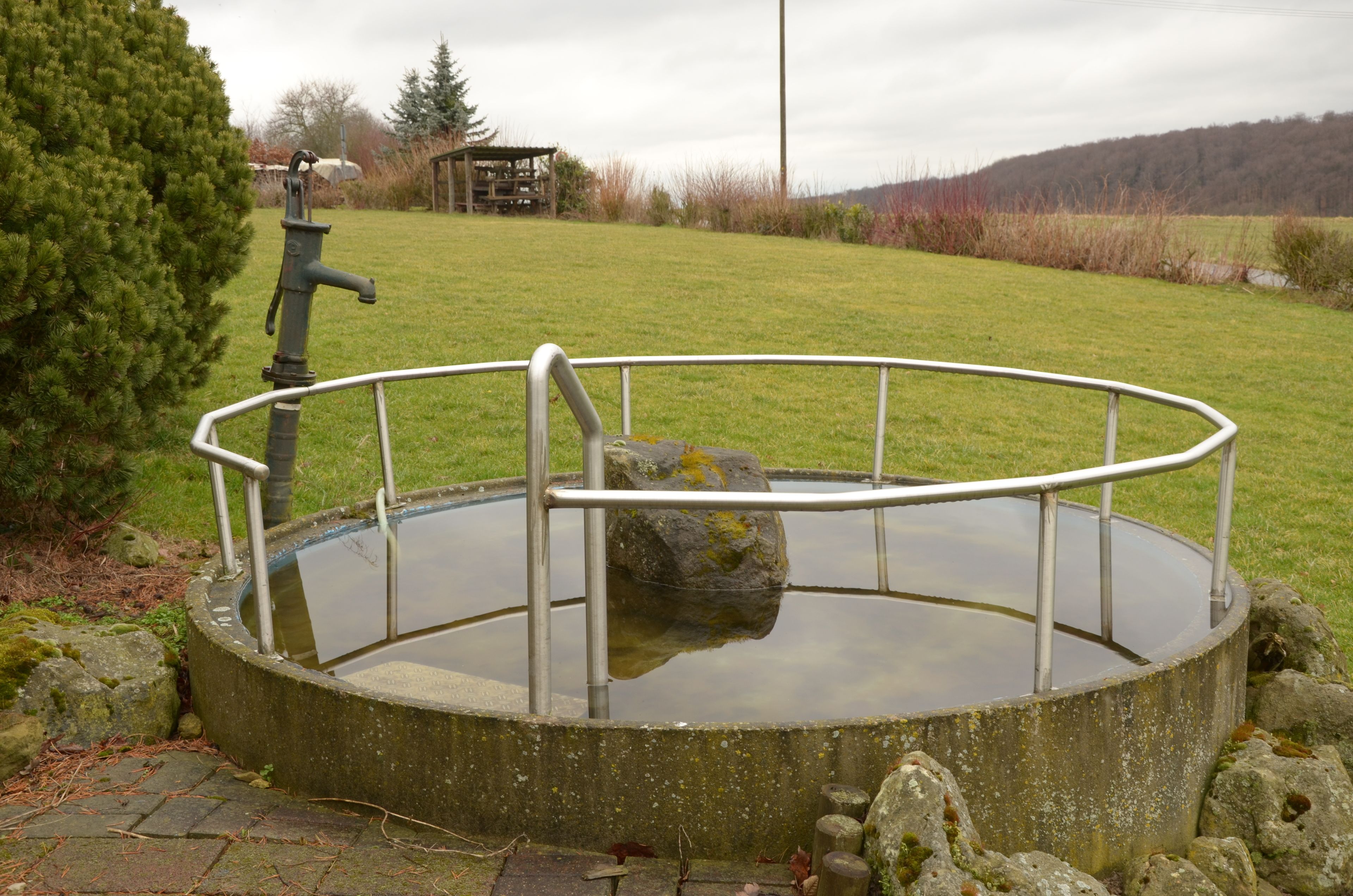 A circular stone well with a metal railing, surrounded by grass and rocks.