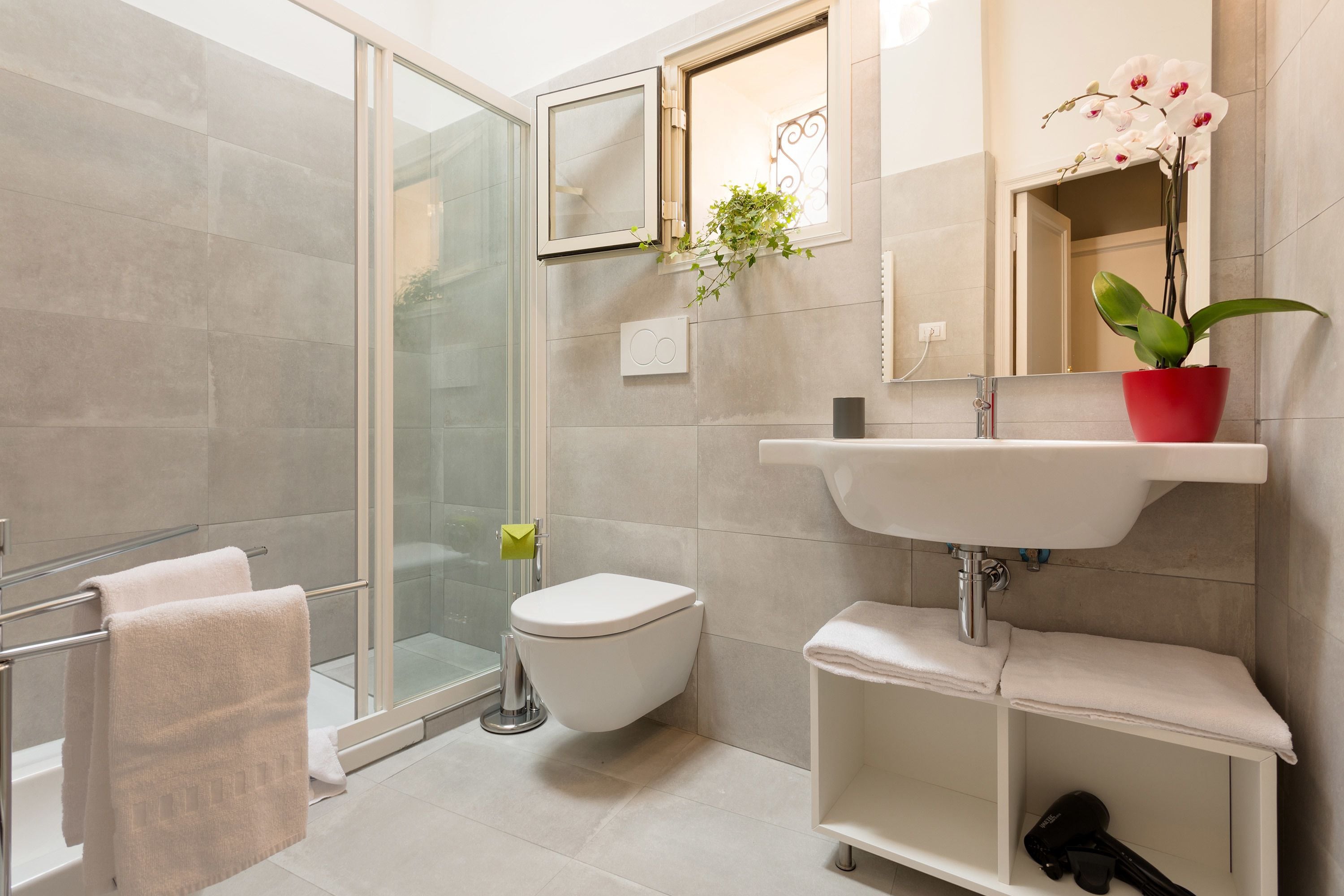 A modern bathroom with a glass shower enclosure, a white toilet, a sink with a red plant, and a mirror above the sink.