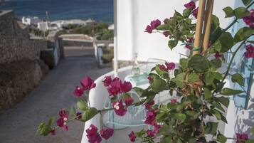 A balcony with a view of the sea, a white building, and a plant with pink flowers.