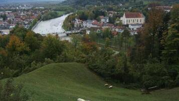 Un paysage rural avec une rivière, un pont et une colline où paissent des moutons.
