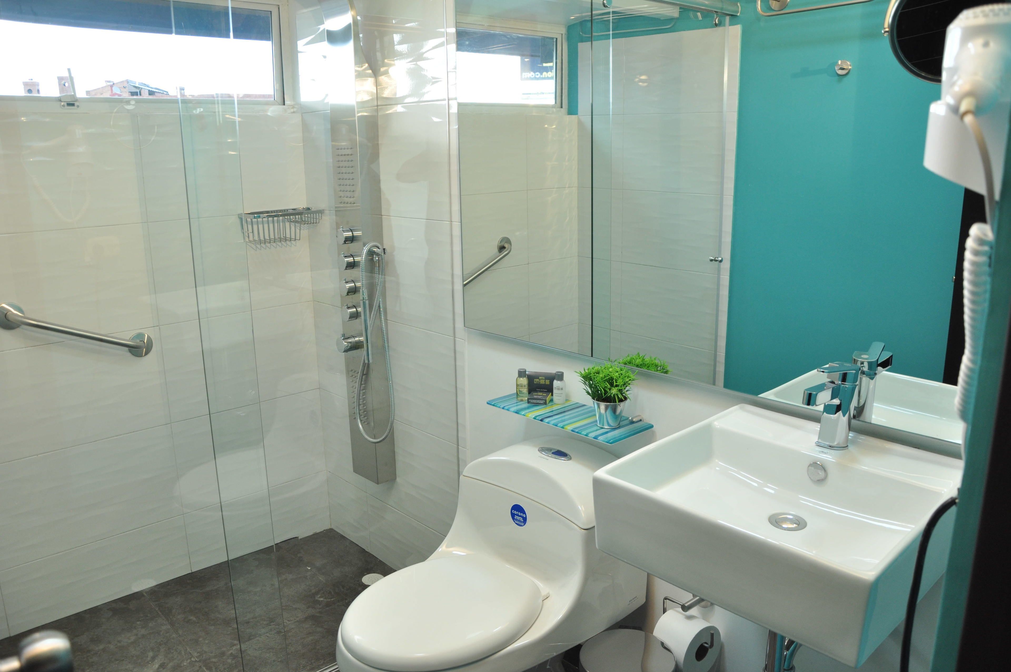 shower, free toiletries, hair dryer, towels