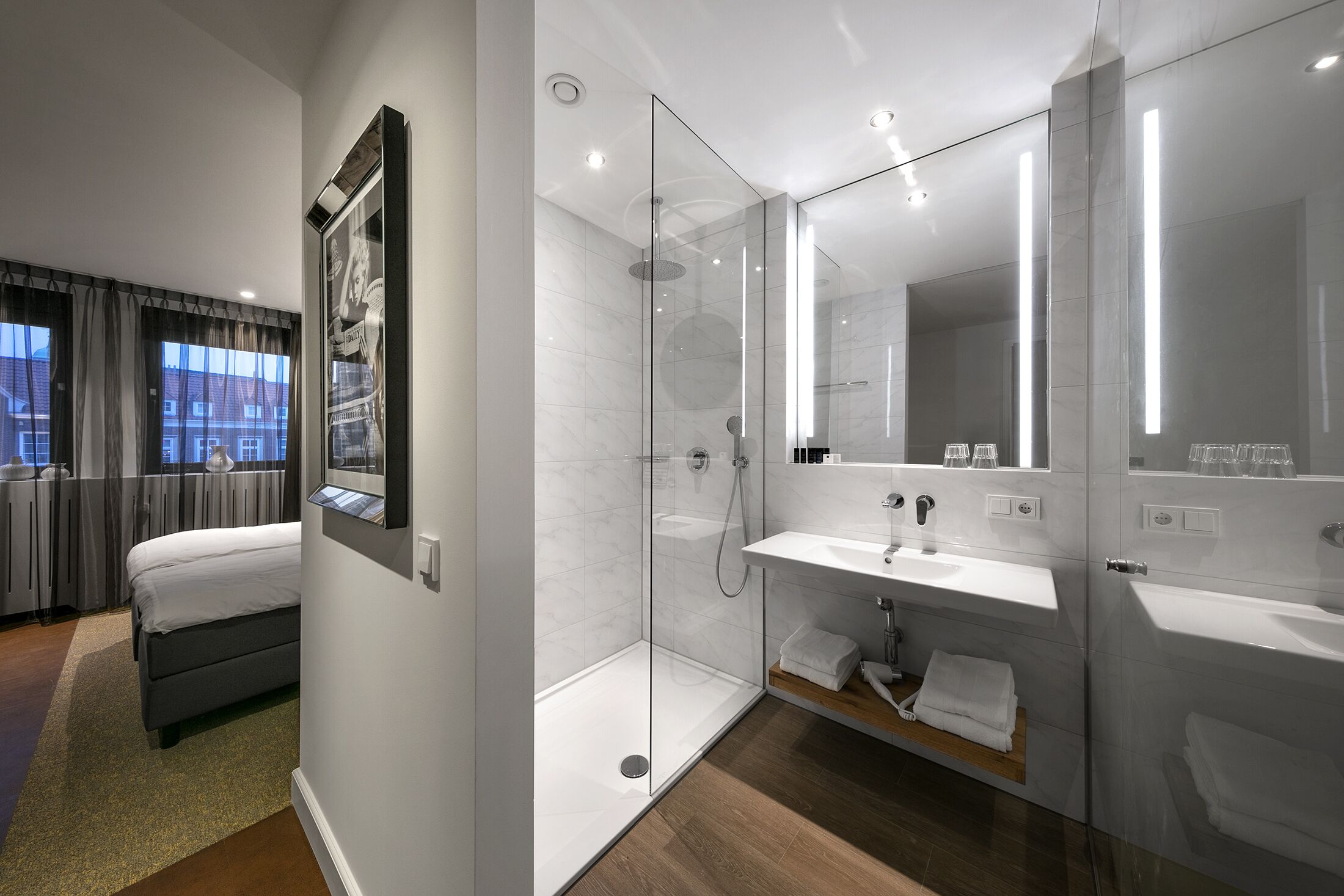 shower, rainfall showerhead, designer toiletries, hair dryer