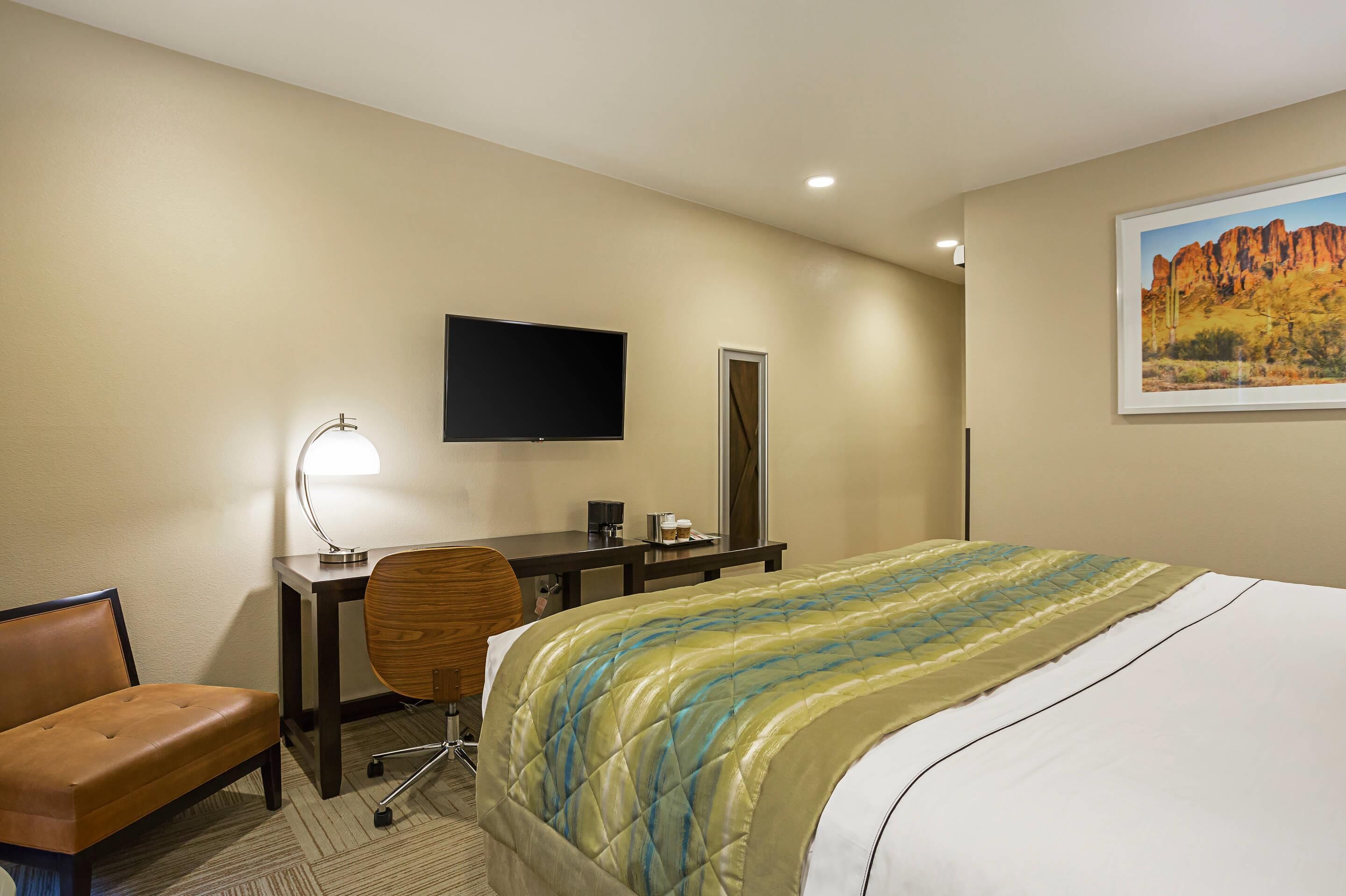 Una habitación de hotel con cama, escritorio, silla, televisor y un cuadro en la pared.