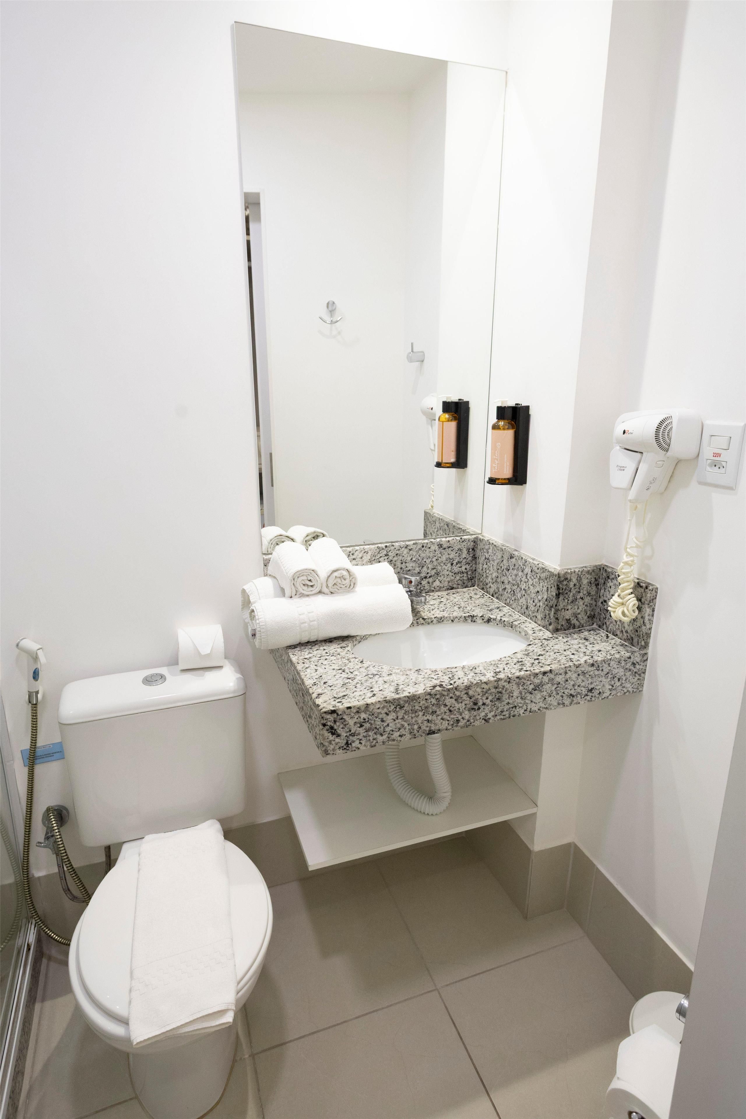 A modern bathroom with a granite countertop sink, a toilet, a bidet, and a mirror.