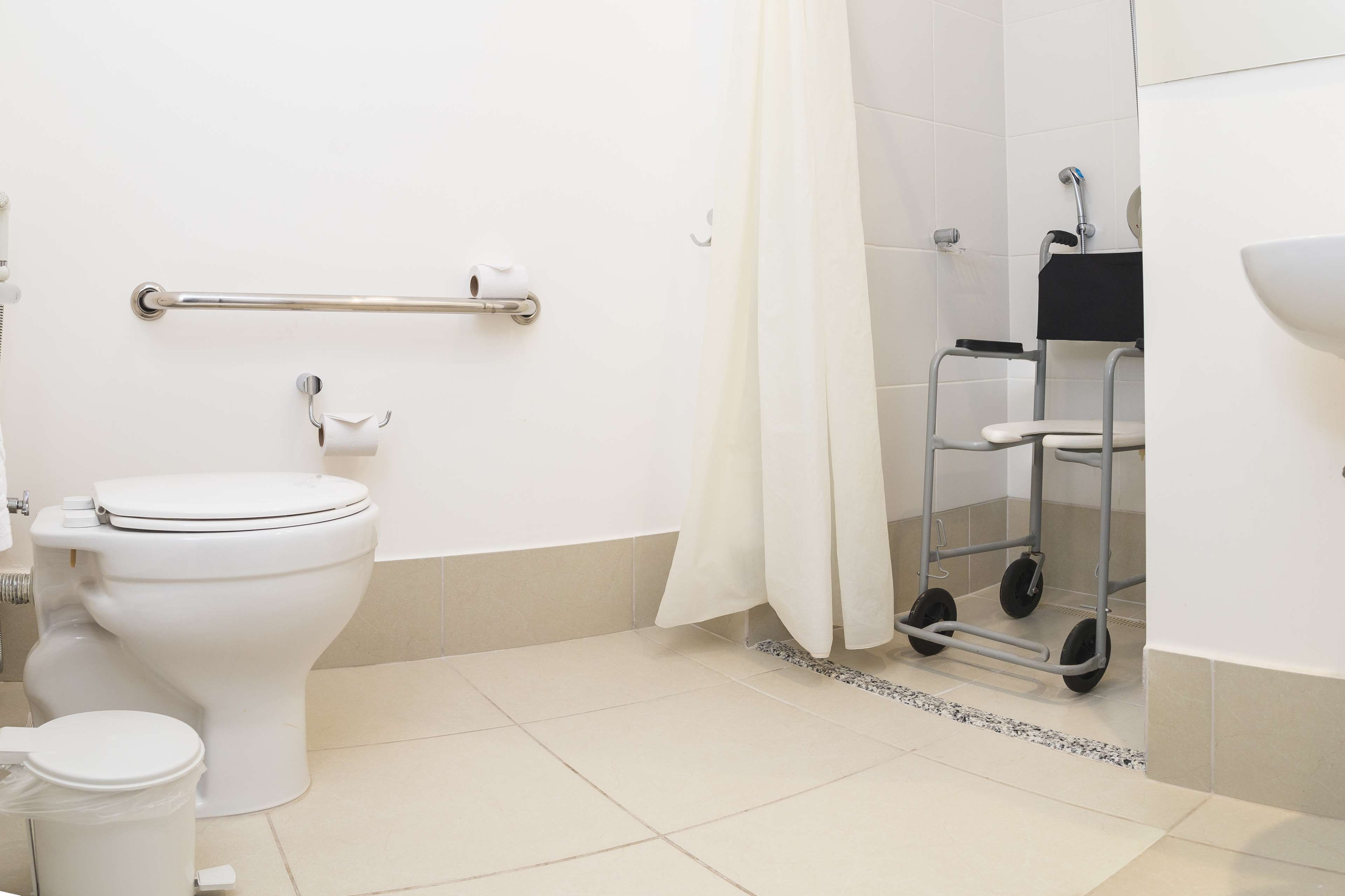 Baño con inodoro, barra de apoyo, zona de ducha y carro accesible para sillas de ruedas.