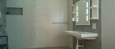 A modern bathroom with a shower, sink, and mirror.