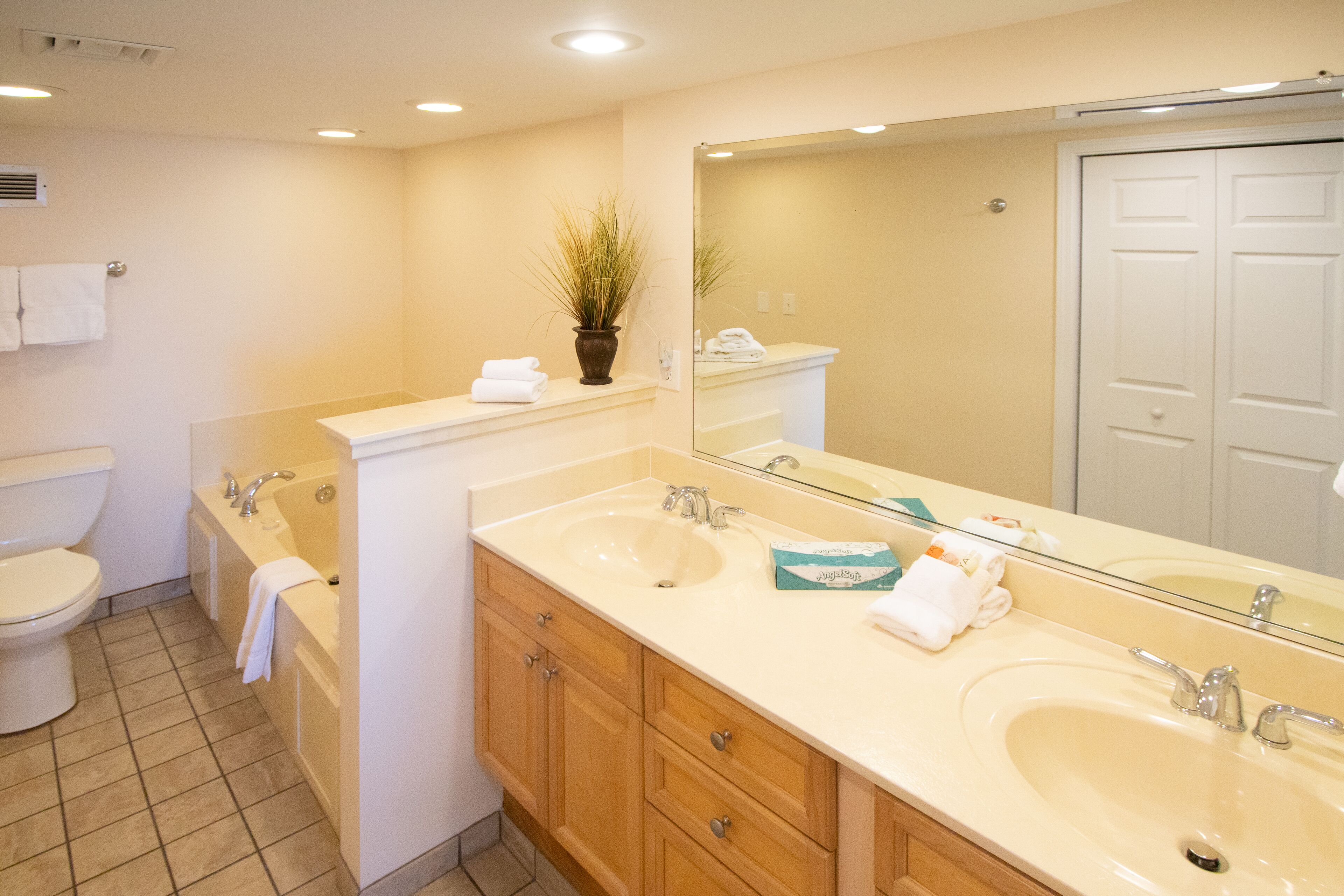 A bathroom with two sinks, a toilet, and a mirror.