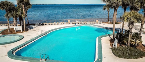 A swimming pool with a view of the ocean, surrounded by palm trees and lounge chairs.