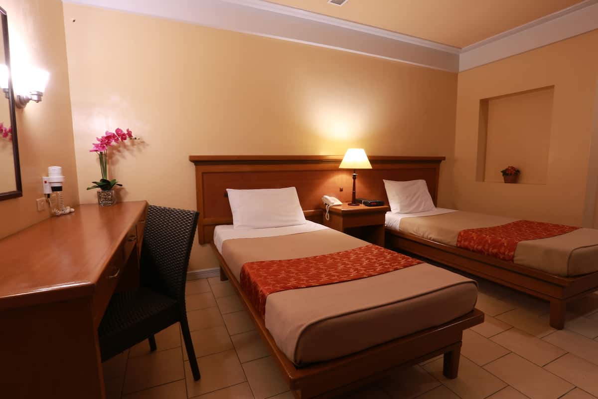 A hotel room with two beds, a desk, a chair, a lamp, and a small potted plant.