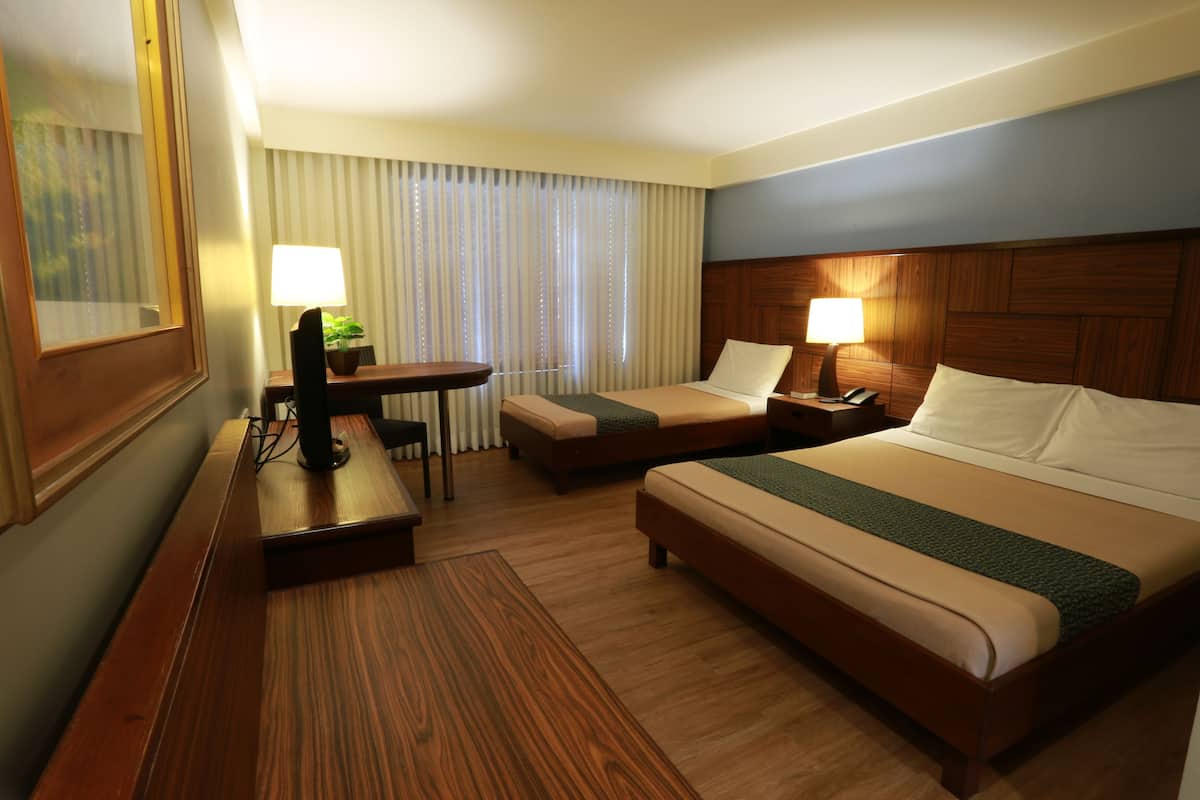 A hotel room with a large bed, a smaller bed, a desk with a chair, a lamp, and a plant.