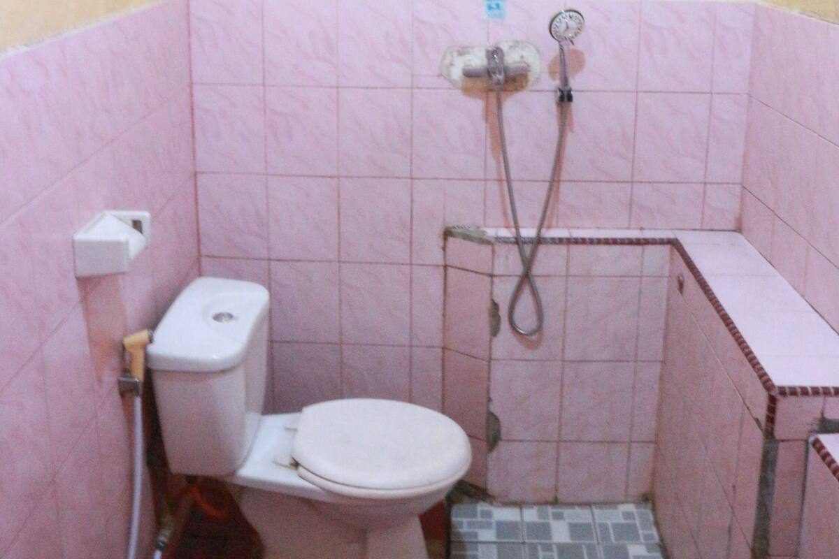 Un baño pequeño con inodoro, ducha y paredes de azulejos.