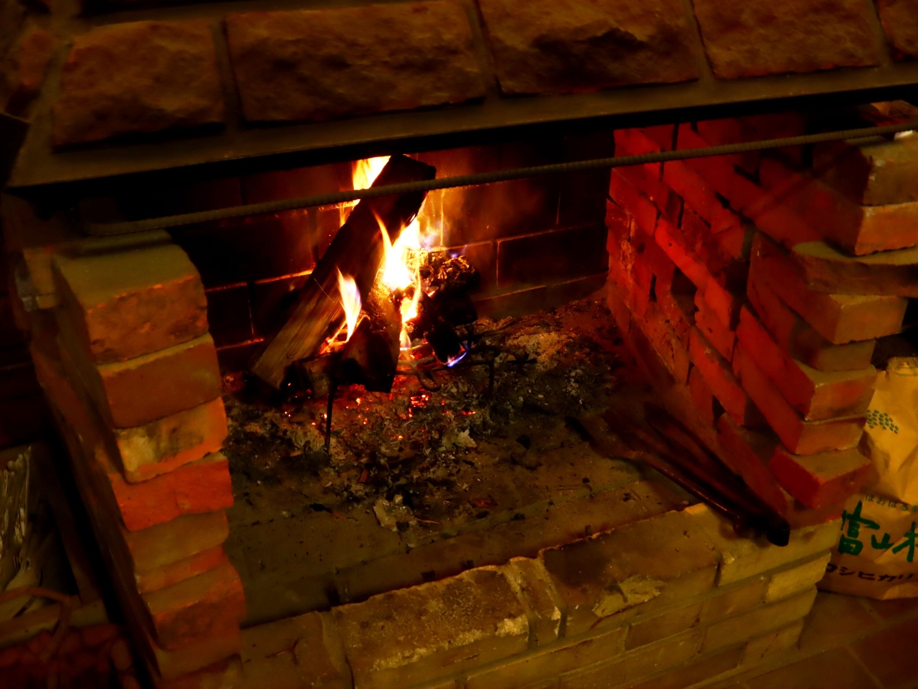 Una chimenea de ladrillo con una ardiente pieza de leña, una rejilla metálica y un muro de ladrillo.