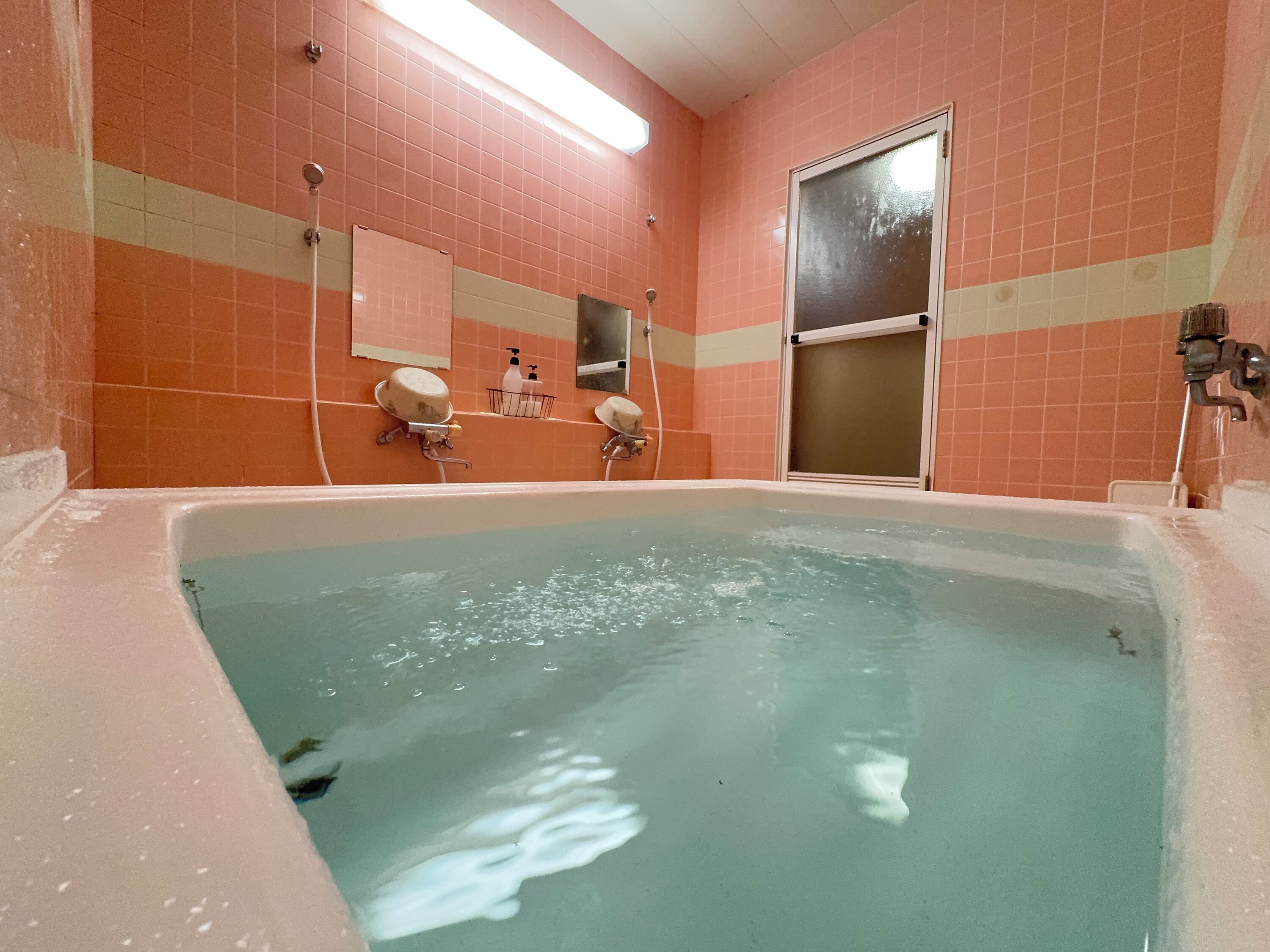 A bathroom with a large bathtub, a mirror, and a shower area.