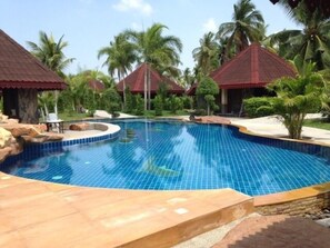 Outdoor pool, pool umbrellas, pool loungers