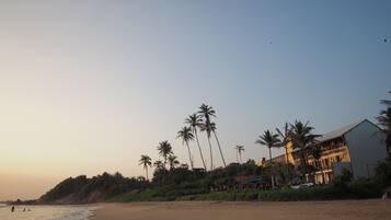 Una playa con palmeras y un edificio de varios balcones.