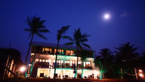 A two-story building with a balcony, palm trees, and a lit moon in the sky. - The Seascape (Matara)