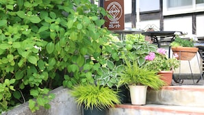 Señalización de Hakuba Galley, un restaurante con terraza al aire libre, rodeado de exuberante follaje y plantas en macetas.