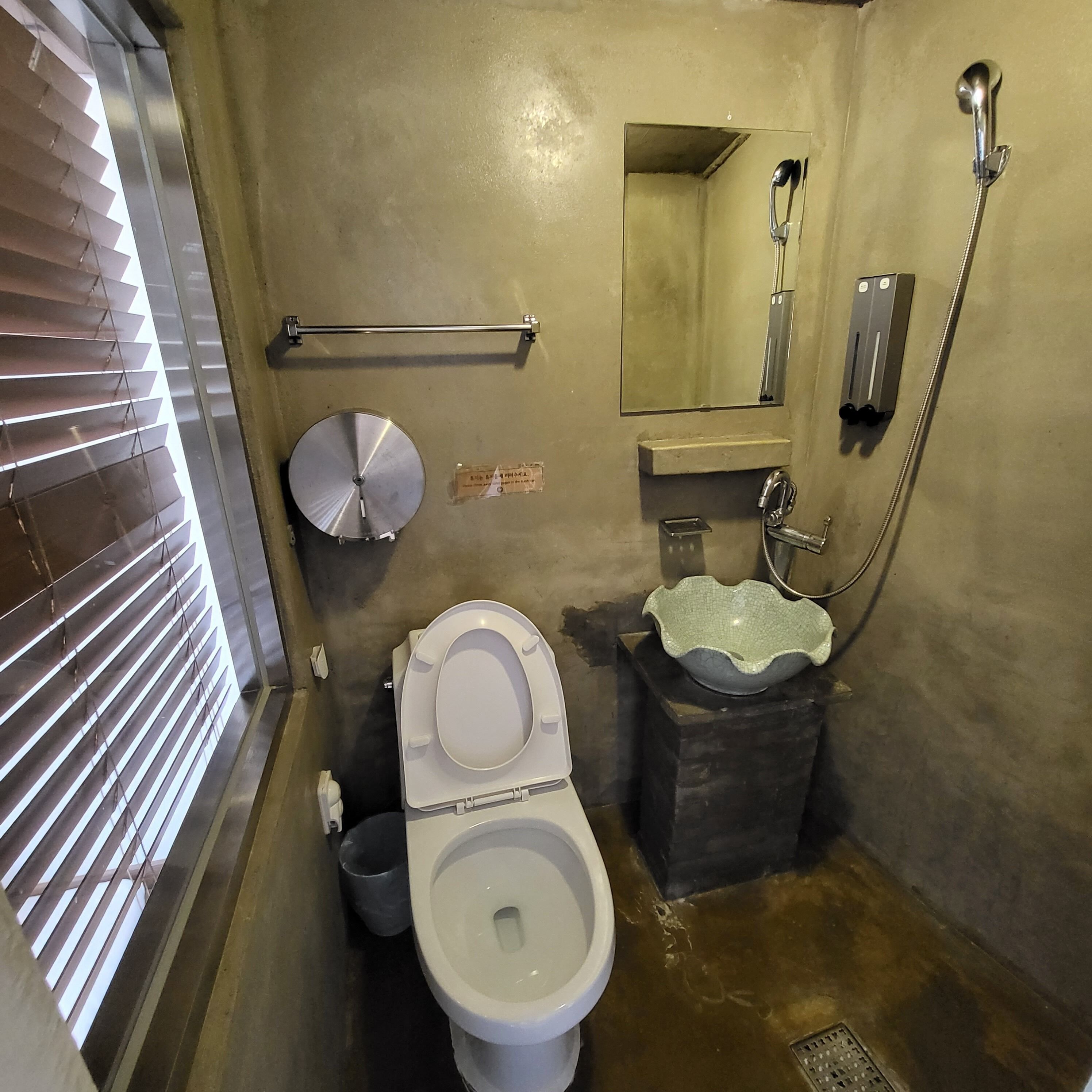 Een badkamer met toilet, wastafel en douche.