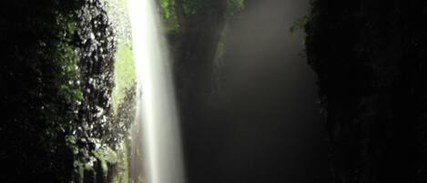 Una cascada en un área boscosa con un sendero estrecho que lleva al agua.