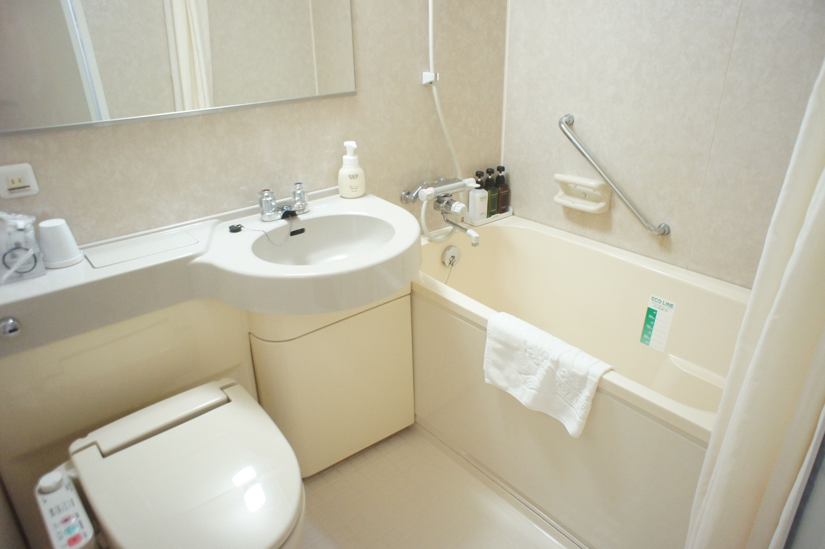 combined shower/bathtub, free toiletries, hair dryer, slippers